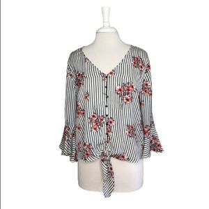 Takara Striped & Floral Blouse With Bell Sleeves